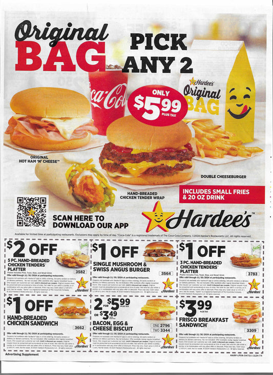 10 Sheets of HARDEES Coupons (expires 11/30/2024)