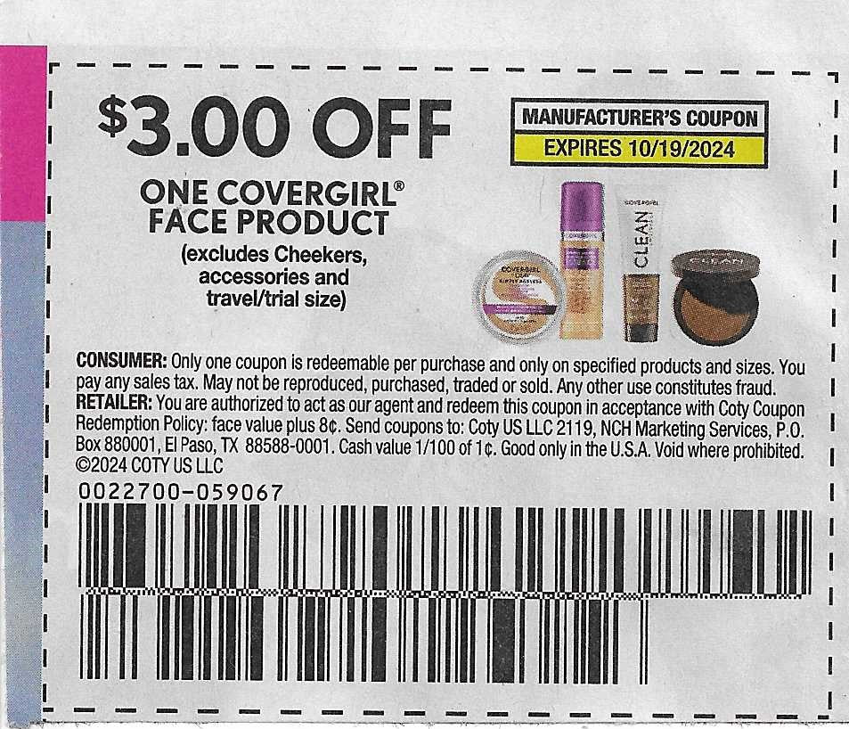 15 coupons $3.00 OFF ONE COVERGIRL EYE PRODUCT (expires 11/02/2024)