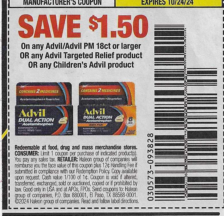 15 Coupons: SAVE $1.50 On any Advil/Advil PM 18ct or larger OR any Advil Targeted Relief product OR any Children's Advil product (expires 10/24/24)