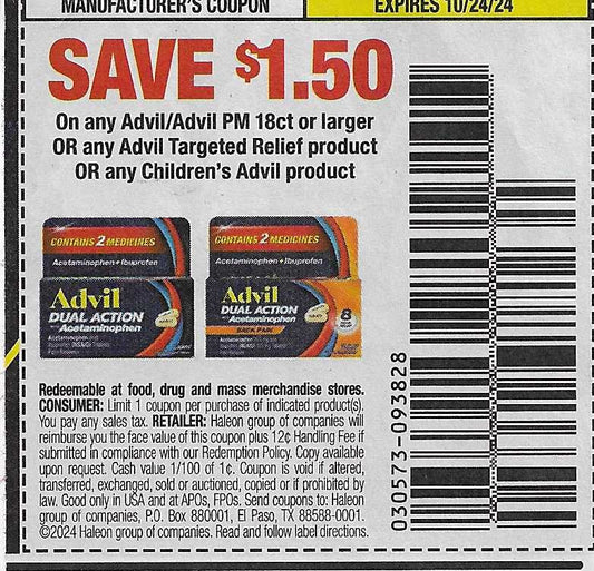 15 Coupons: SAVE $1.50 On any Advil/Advil PM 18ct or larger OR any Advil Targeted Relief product OR any Children's Advil product (expires 10/24/24)