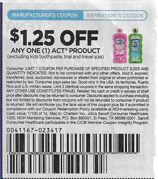 15 Coupons: $1.25 OFF ANY ONE (1) ACT PRODUCT (expires 11/23/2024)