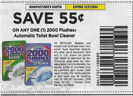 15 Coupons: SAVE .55 cents on any ONE (1) 2000 Flushes Automatic Toilet Bowl Cleaner (expires 12/31/2024)