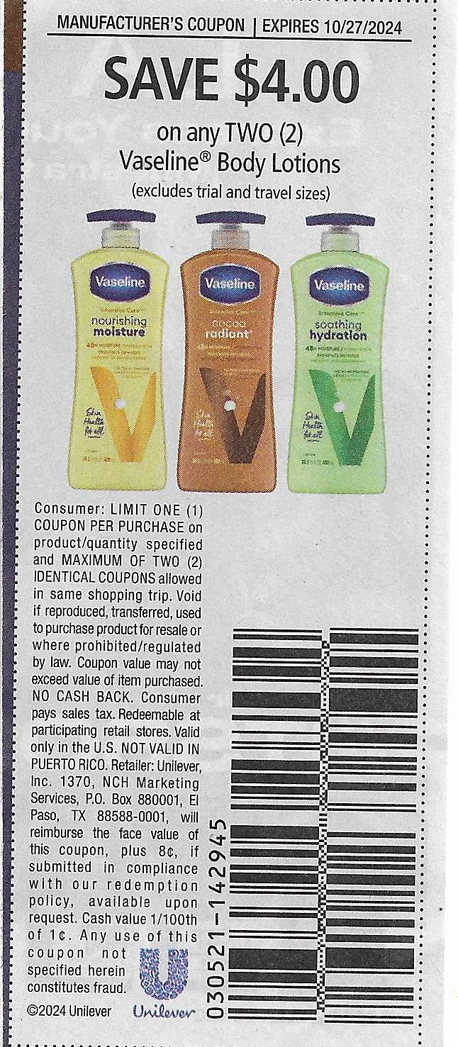 15 Coupons: SAVE $4.00 on any TWO (2) Vaseline Body Lotions (expires 10/27/2024)