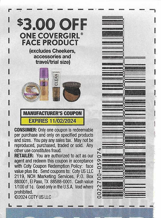 15 coupons $3.00 OFF ONE COVERGIRL FACE PRODUCT (expires 11/02/2024)