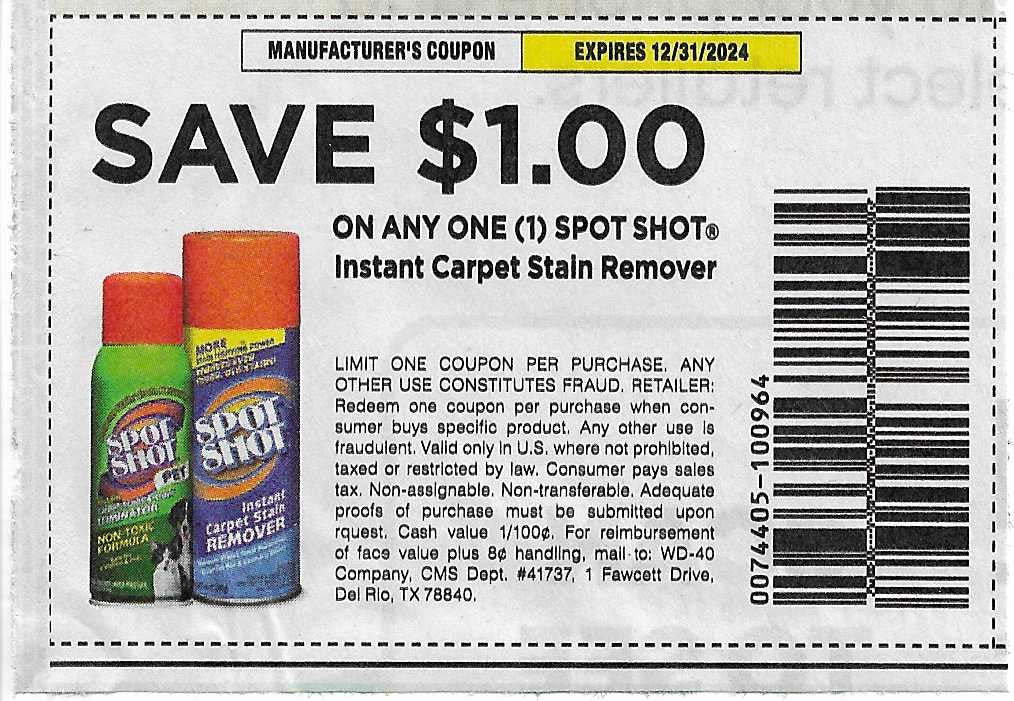 15 Coupons: SAVE $1.00 on any ONE (1) Spot Shot Instant Carpet Stain Remover (expires 12/31/2024)