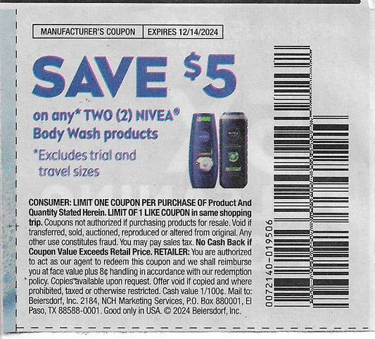 15 Coupons: SAVE $5 on any TWO (2) NIVEA Body Wash products (expires 12/14/2024)