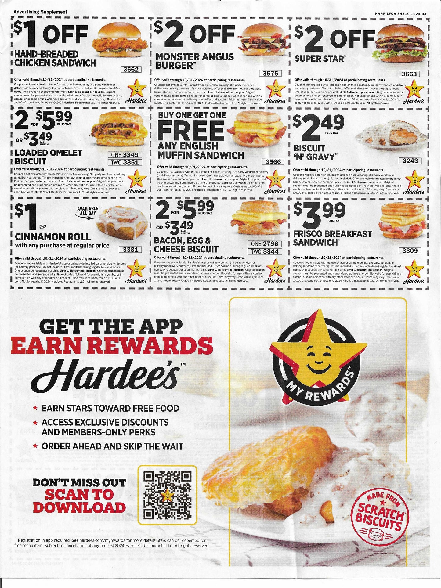 10 Sheets of Hardees Coupons (15 coupons per sheet) expires 10/31/2024