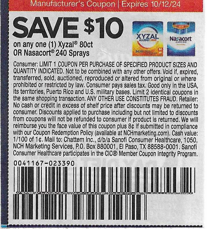 15 Coupons: SAVE $10 on any one (1) Xyzel 80ct OR Nasacort 240 Sprays (expires 10/12/24)