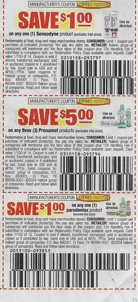 45 coupons: Sensodyne, Pronamel,  Parodontax (expires 10/22/24)