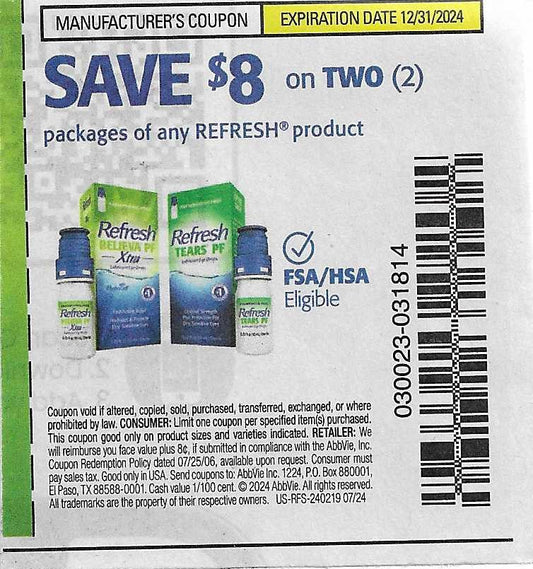 15 Coupons: SAVE $8 on TWO (2) packages of any REFRESH product (expires 12/31/2024)