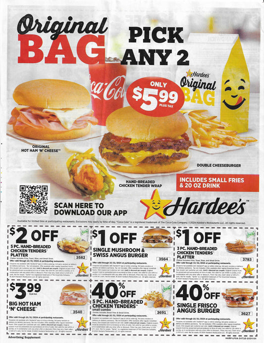 10 Sheets of Hardees Coupons (15 coupons per sheet) expires 10/31/2024