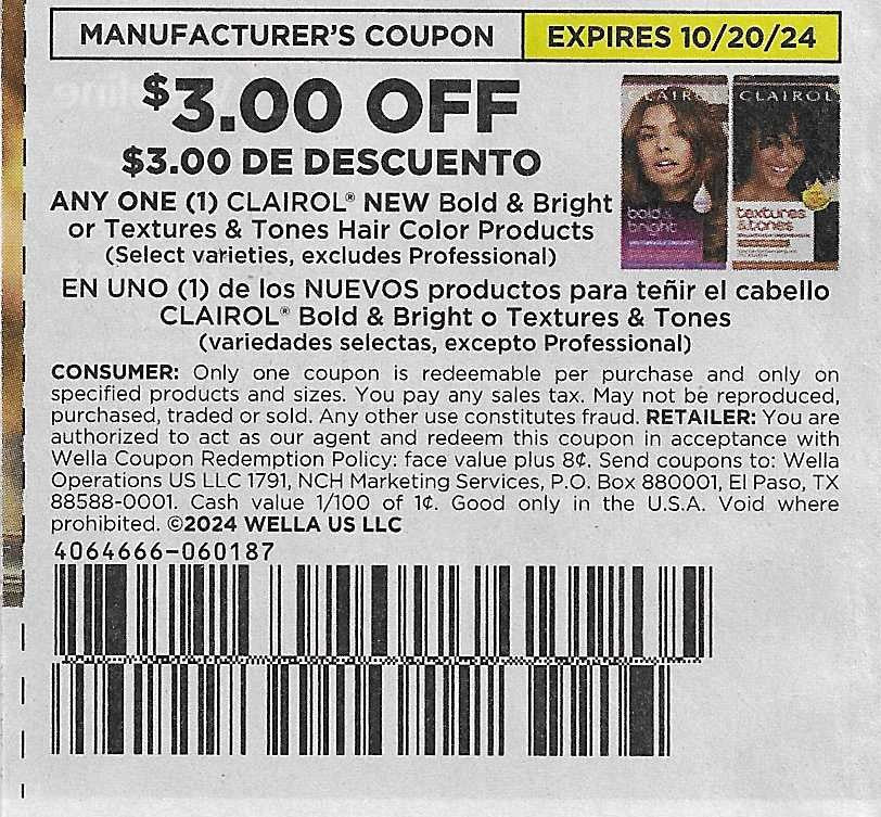 15 Coupons: $3.00 OFF ANY ONE (1) CLAIROL NEW Bold & Bright or Textures & Tones Hair Color Products (expires 10/20/24)