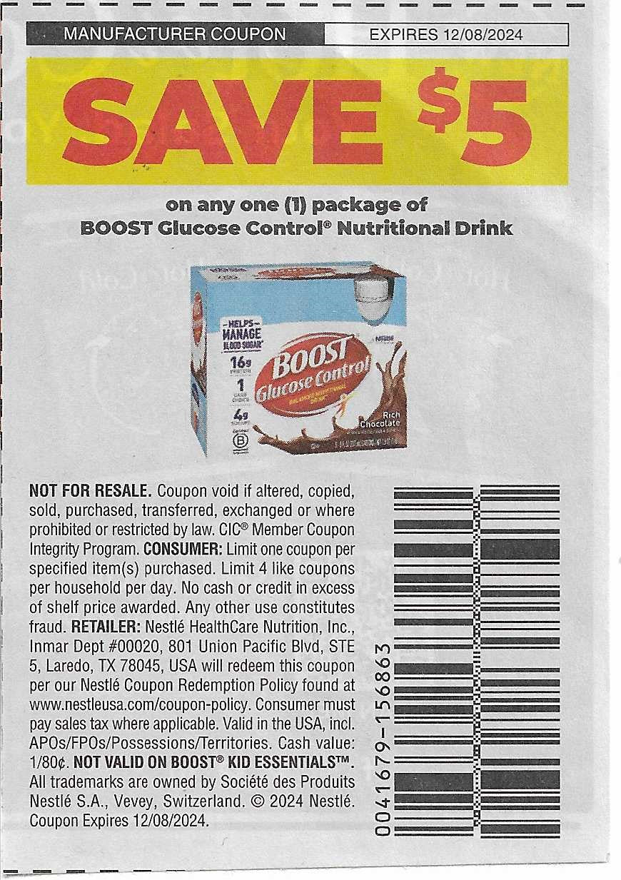 15 Coupons: SAVE $5 on any one (1) package of BOOST Glucose Control Nutritional Drink (expires 12/08/2024)