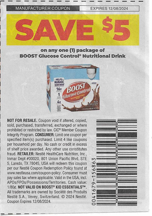 15 Coupons: SAVE $5 on any one (1) package of BOOST Glucose Control Nutritional Drink (expires 12/08/2024)