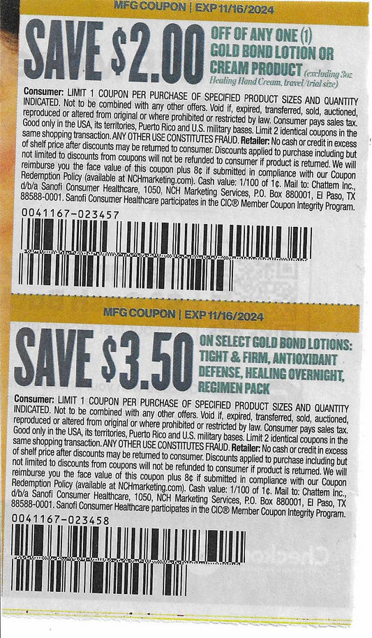 30 Gold Bond  Coupons (expires 11/16/2024)