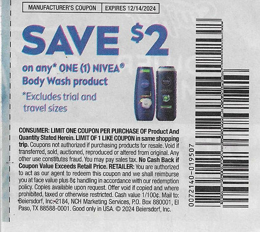 15 Coupons: SAVE $2 on any ONE (1) NIVEA Body Wash product (expires 12/14/2024)