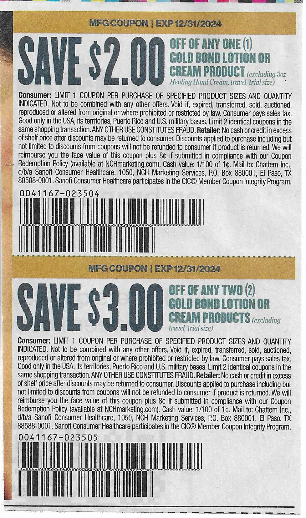 30 Coupons: GOLD BOND (expires 12/31/2024)